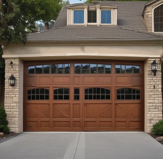 A garage door painted with horizontal rainbow stripes spans above four white double doors with glass panes. In front, there is a white folding drying rack with a few colorful clothespins clipped to it.