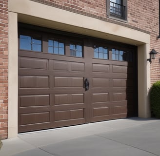 A row of four garage doors with different colors on a brick building, surrounded by a natural setting with trees in the background. The doors are red, green, brown, and wooden. The scene is serene, with a paved path in front and patches of grass.