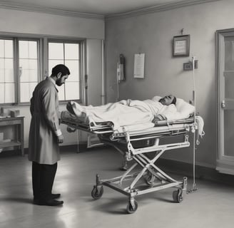 A miniature figurine of a nurse stands beside a hospital bed with a patient lying under a white blanket. The scene is minimalist with a pale background, emphasizing the medical figures.