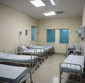 A hospital bed with a white pillow and blue blanket is in the foreground. On the wall shelf, there are pink containers including a pitcher and two bottles. The setting appears to be a medical facility with a calm atmosphere.