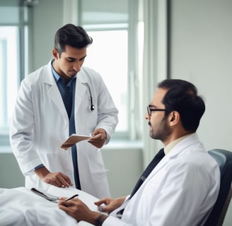 A male doctor wearing a white lab coat is attentively administering medical care to a patient. The patient, who is seated in a hospital chair, is receiving treatment through a port in his chest. A female healthcare professional stands nearby, observing and providing support.