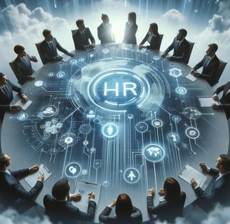 a group of business people sitting around a table with a circular table