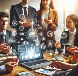 a group of business people working on a laptop computer