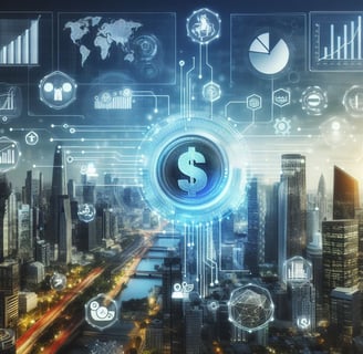 a cityscape with a dollar sign in the middle of it