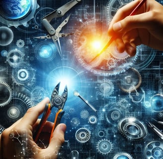 a person holding a pencil and a pair of scissors
