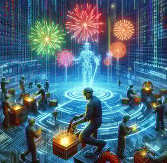 a man working on a computer screen with fireworks