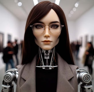 a robot - like art critical robot with glasses and a suit