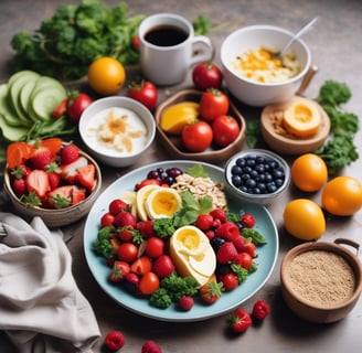 A kitchen countertop features various healthy food items including protein bars on a slate tray, a jar of yellow hummus, a wooden spoon, and a mug with a heart design. Packages of Alver Easy Protein powder are visible in the background. Fresh herbs, a bowl of blueberries, a container with seeds, strawberries, cherry tomatoes, and an avocado are also present, suggesting a focus on natural ingredients.