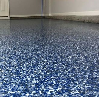 Blue and white epoxy flake flooring