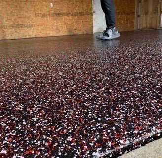 "Nebraska Husker" color way epoxy flake floor done in a home in Lincoln