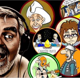 Caricature artists surrounded by some of his caricature subjects.