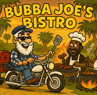 Happy old biker with smoker behind bike in swamps with Soul Food cooks.