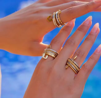18 k gold plated Demi fine stackable rings which are water resistant and hypoallergenic.