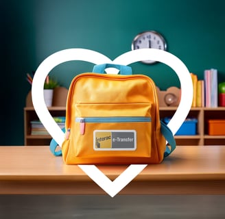 A classroom setting with a backpack displaying an interac logo enclosed in a white heart