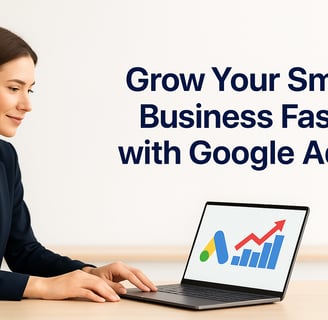 Professional marketer analyzing Google Ads performance data on a laptop, representing growth