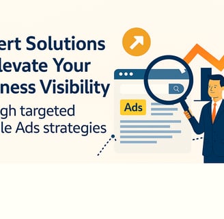 Illustration showing a marketing professional analyzing Google Ads performance with growth charts.