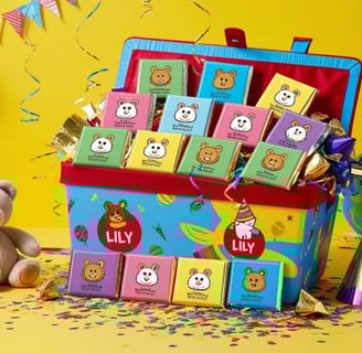 a teddy bear in a birthday gift box Personalized chocolate boxes