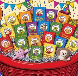 a basket of birthday presents for a child's birthday