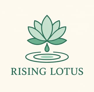 Illustration of a green lotus flower rising out water, with a drip of water that causes a ripple on a cream background