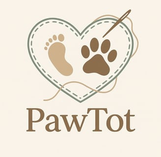 A stitched heart with thread and needle with a paw print and baby footprint inside of the heart. A logo for PawTot