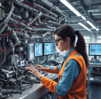 A person is interacting with a digital control panel in an industrial setting. The individual is wearing a black and yellow jacket with text on the back. The background features metal shelves and equipment, indicating a workshop or factory environment.