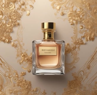 Two luxurious perfume bottles with golden fluid are placed on an ornate gold dish, which also holds a delicate bracelet with gemstones. In the background, a magazine cover is visible, featuring a model in a mesh-patterned dress.