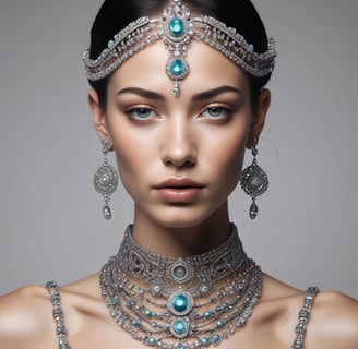 A silver-colored perfume bottle with a reflective surface is placed on a textured brown surface. Beside it, there is a pair of ornate, circular earrings with intricate detailing, as well as a matching pendant with a chain.