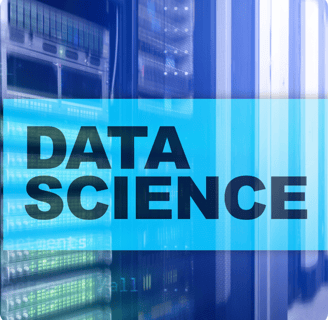 a large blue and white sign that says data science with a computer server as the background 