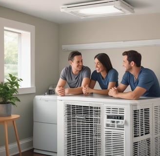 Three air conditioning units mounted on the exterior wall of a building, with a closed vent in the center. The wall is a warm, peach color and the units have a beige finish. A black cable runs vertically along the left side of the image.