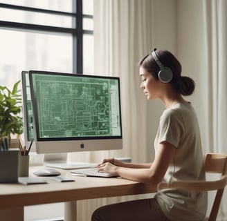 a woman sitting at a desk with a computer monitor and headphones