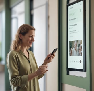 a woman in a green shirt is holding a cell phone