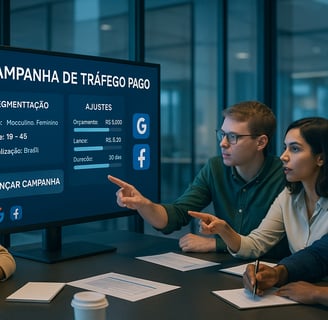equipe analisando campanha de tráfego pago