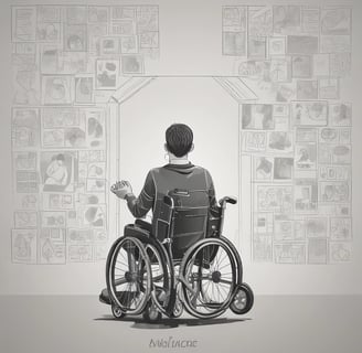 A person is seated in a wheelchair on a patio surrounded by lush green plants. The individual is smiling warmly and has their hands in a greeting or prayer gesture. The background includes architectural features and a tiled roof with trees overhead.