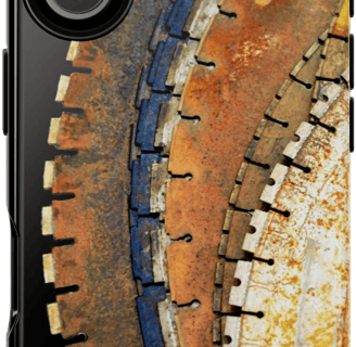 Blades Phone Case featuring a high-resolution image of overlapping rusted circular saw blades