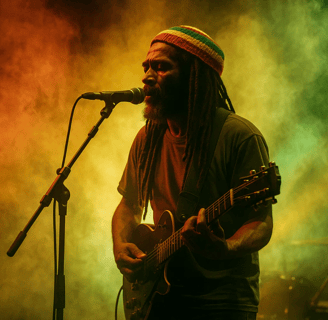 Chanteur sur scène à un concert de reggae pour la journée mondiale du reggae.