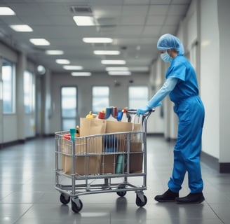 A person wearing a blue uniform and gloves is pushing a cleaning cart adorned with multiple small flags. The environment appears to be a busy place, possibly a station or airport, with people in the background walking or standing.