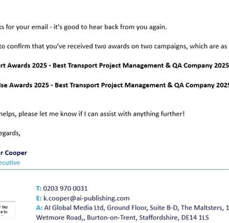 Double award from "AI Global Media - SME News" british economical media