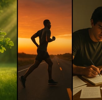 3 simbolos: Arvore como paciência, atleta como disciplina e estudante como conhecimento