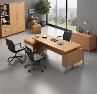 A well-furnished office space with a large wooden desk featuring several items including lamps and a computer. The walls are adorned with framed paintings. There is a meeting area with chairs on the left side and a wooden bookshelf integrated into the wall. The room has a classic and elegant design with patterned rugs on the floor.