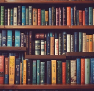 Rows of bookshelves are filled with a variety of colorful books, organized neatly. Some books are titled visibly with genres like mystery and suspense, and they are packed tightly together on metal shelves.