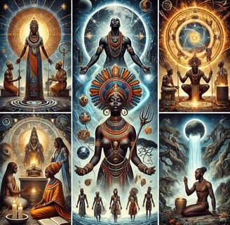 Iconic imagery spanning Nigerian Mythjology and scenes that depict rituals
