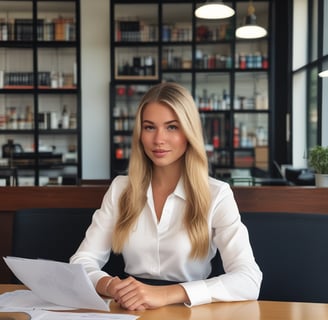 a woman in a white shirt and black skirt sitting at a table