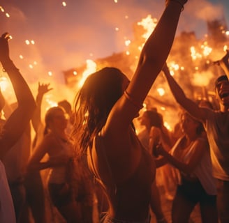 people dancing and celebrating during a nighttime festival