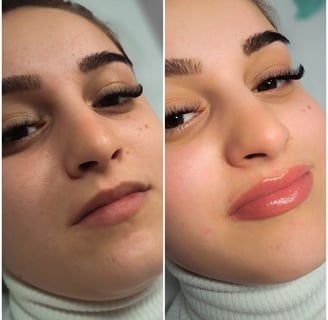 Eine Frau, die ihre Lippen von einer professionellen Kosmetikerin mit Permanent Make-up 