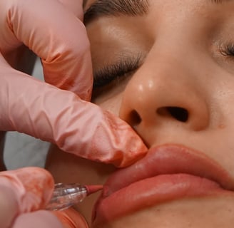 Eine Frau, die ihre Lippen von einer professionellen Kosmetikerin mit Permanent Make-up 