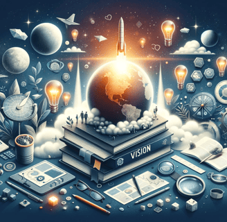 Rakete, die von einer Weltkugel abhelt, die wiederrum auf Büchern zu Vision und Mission liegt