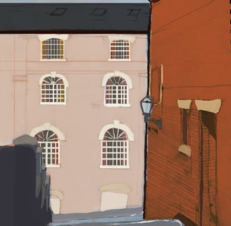 a street scene with a street light and a building