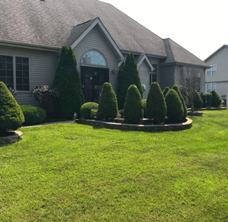 a house with a lawn and a lawn with trees