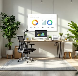 a desk with a monitor, monitor, and a laptop