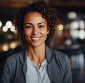 a woman with curly hair and a gray jacket